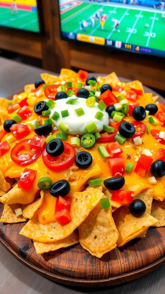 Loaded nachos with cheese, jalapeños, olives on a wooden table, perfect for game day.